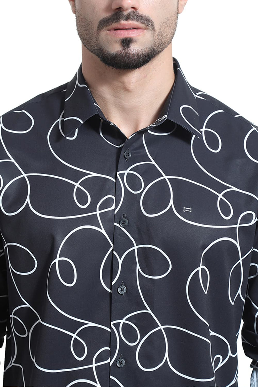 BASICS SLIM FIT BLACK SHOE POLYESTER PRINTED SHIRT