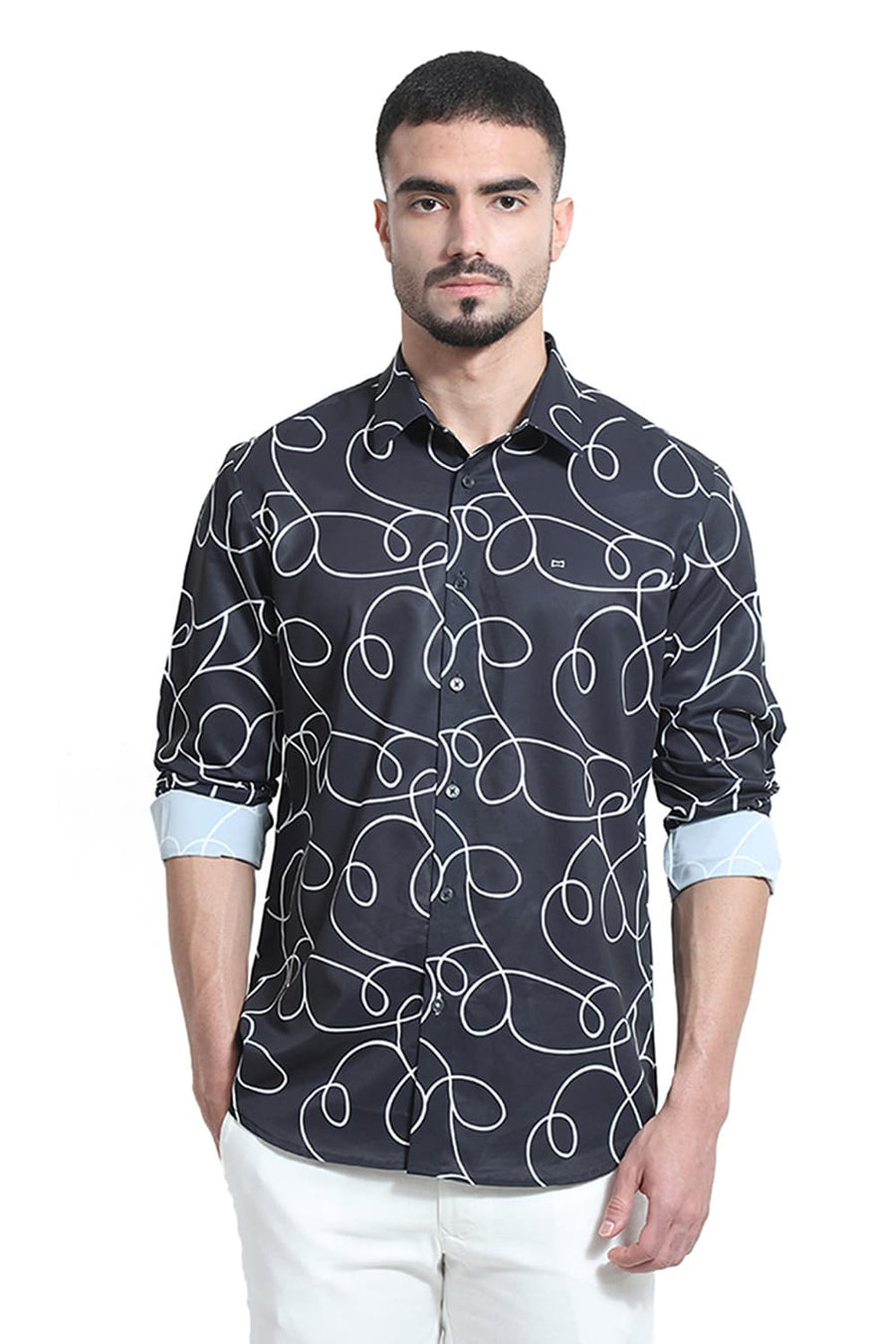 BASICS SLIM FIT BLACK SHOE POLYESTER PRINTED SHIRT