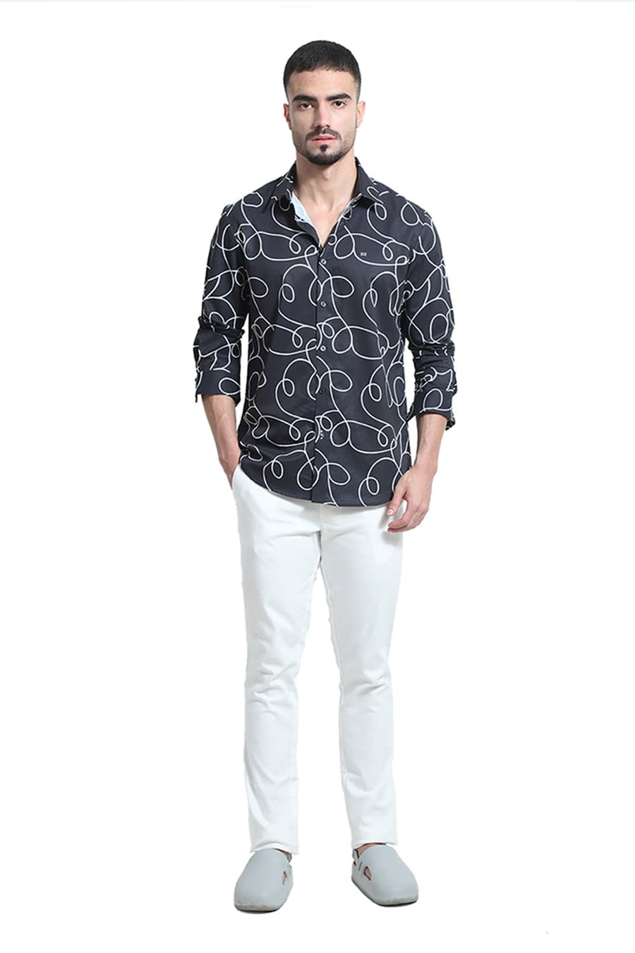BASICS SLIM FIT BLACK SHOE POLYESTER PRINTED SHIRT