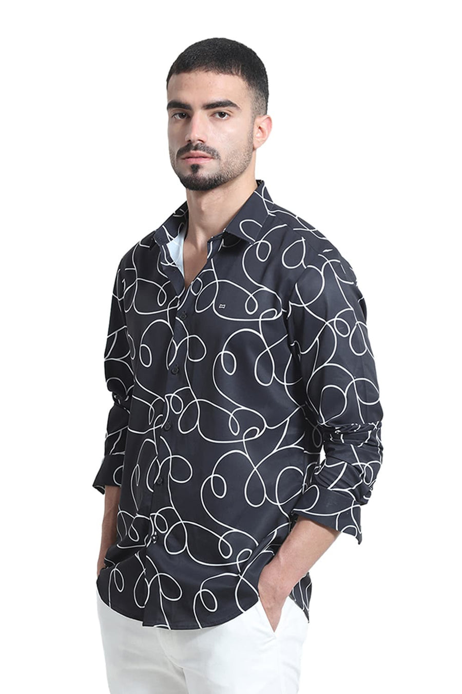 BASICS SLIM FIT BLACK SHOE POLYESTER PRINTED SHIRT
