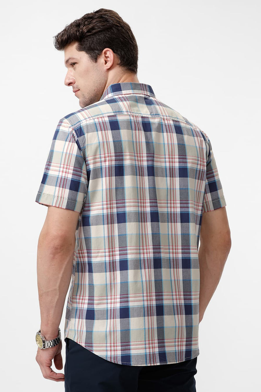 BASICS SLIM FIT AGATE ECRU COTTON CHECKS HALFSLEEVES SHIRT