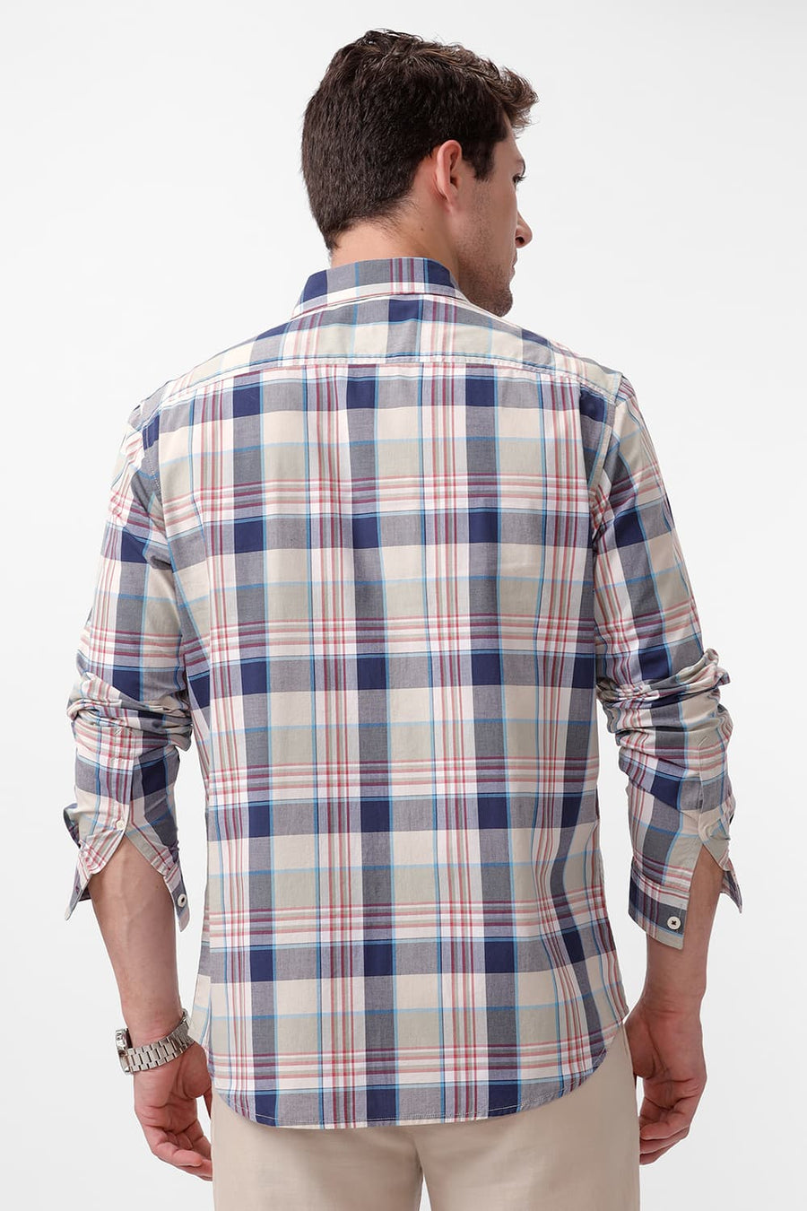 BASICS SLIM FIT AGATE ECRU COTTON CHECKS SHIRT