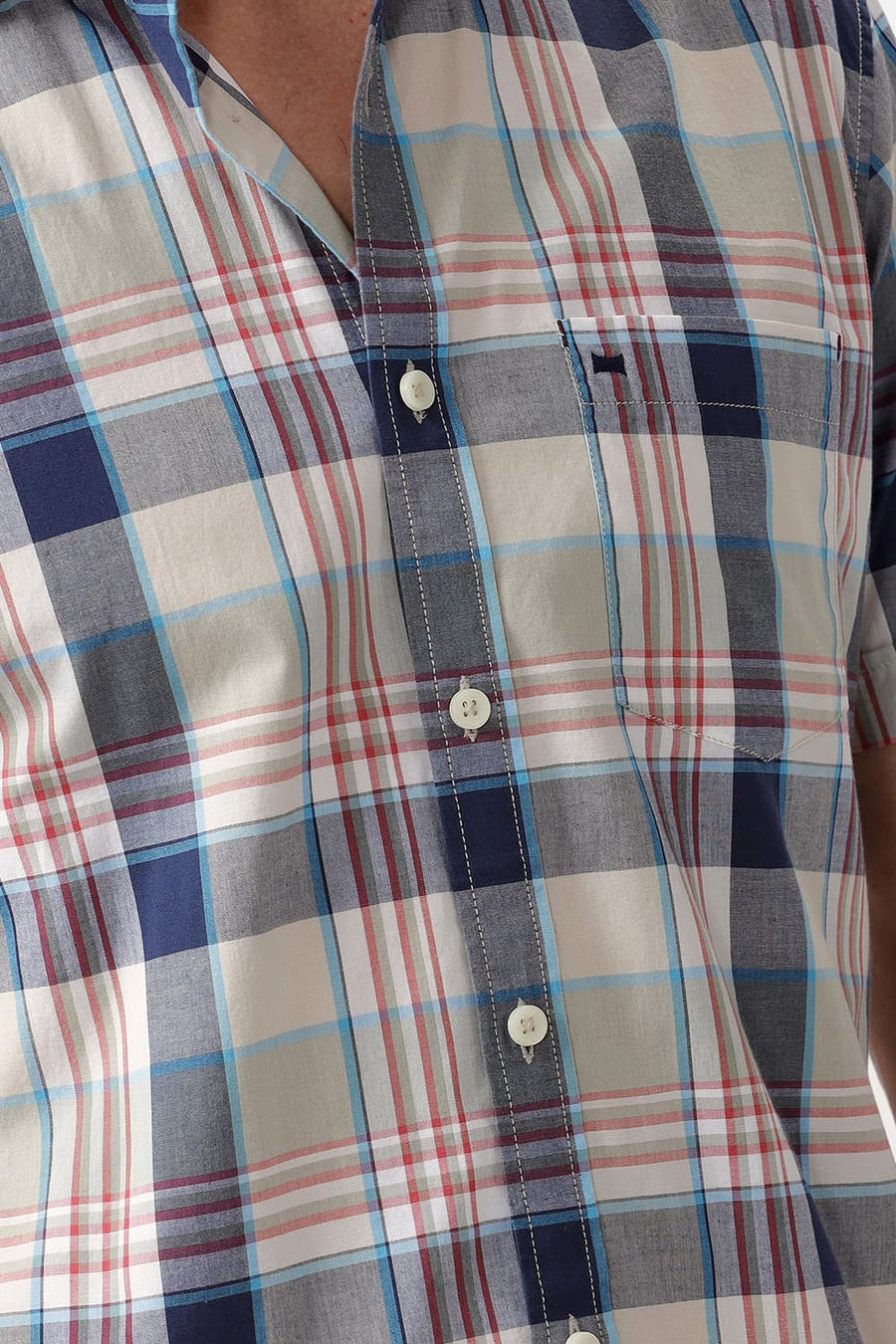 BASICS SLIM FIT AGATE ECRU COTTON CHECKS HALFSLEEVES SHIRT