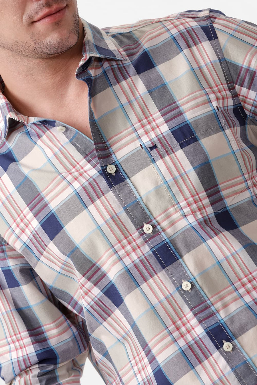 BASICS SLIM FIT AGATE ECRU COTTON CHECKS SHIRT