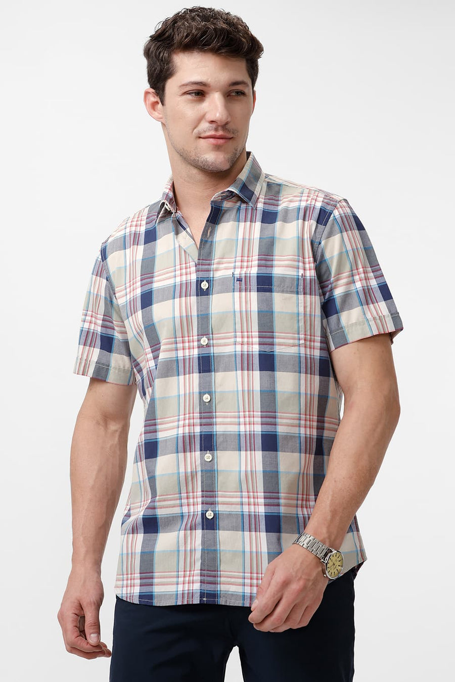 BASICS SLIM FIT AGATE ECRU COTTON CHECKS HALFSLEEVES SHIRT