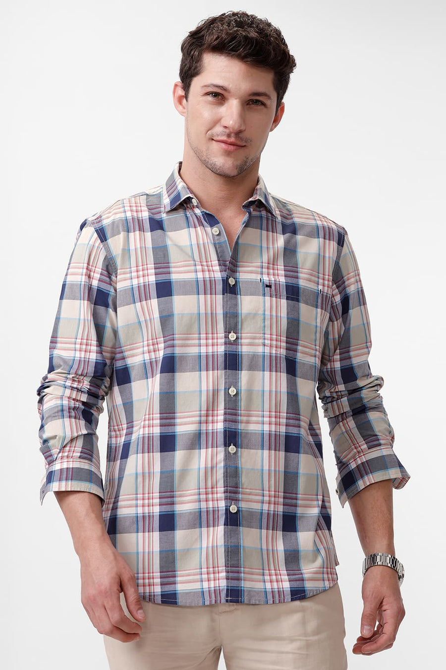 BASICS SLIM FIT AGATE ECRU COTTON CHECKS SHIRT