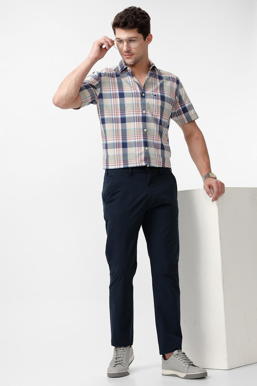 BASICS SLIM FIT AGATE ECRU COTTON CHECKS HALFSLEEVES SHIRT