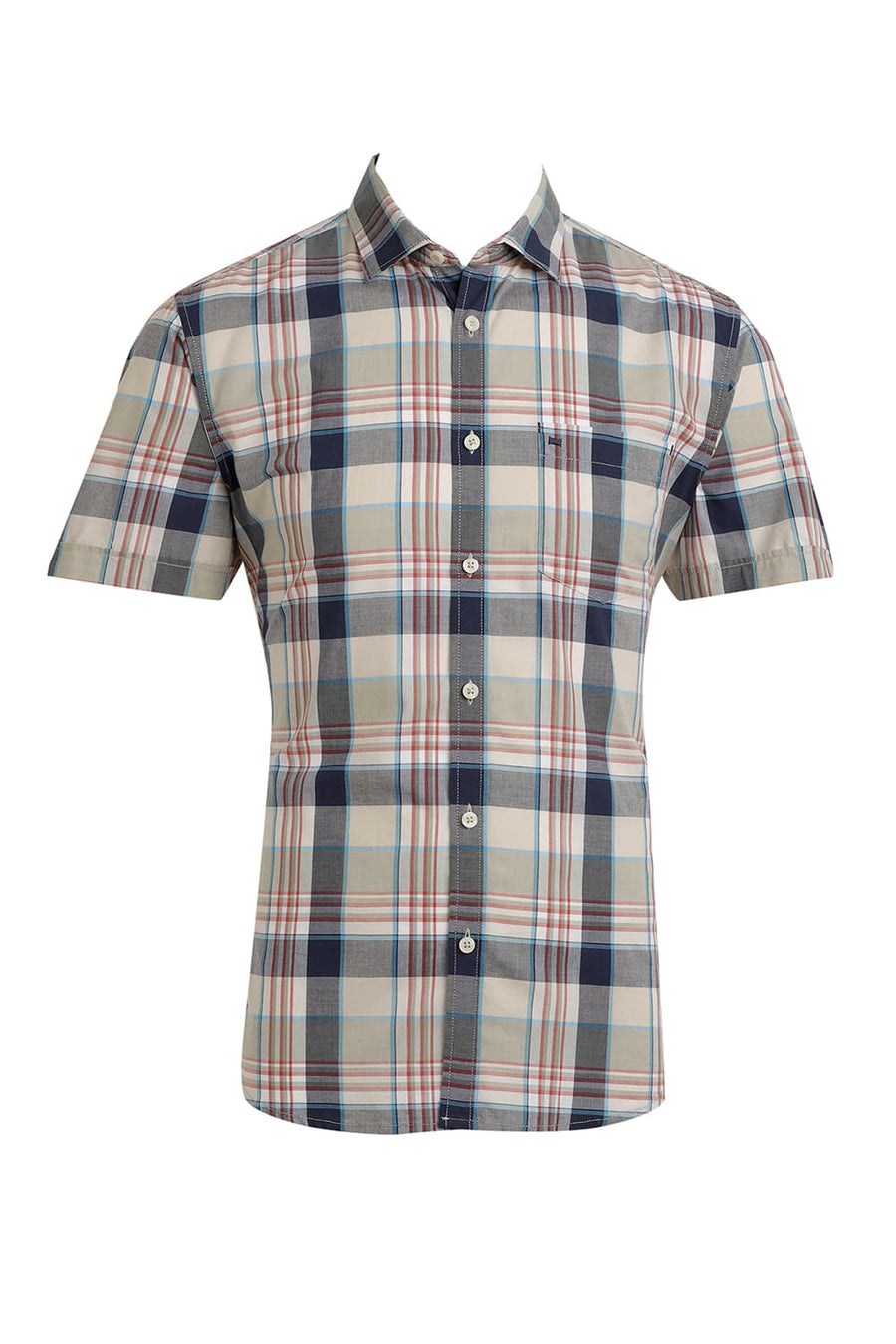 BASICS SLIM FIT AGATE ECRU COTTON CHECKS HALFSLEEVES SHIRT