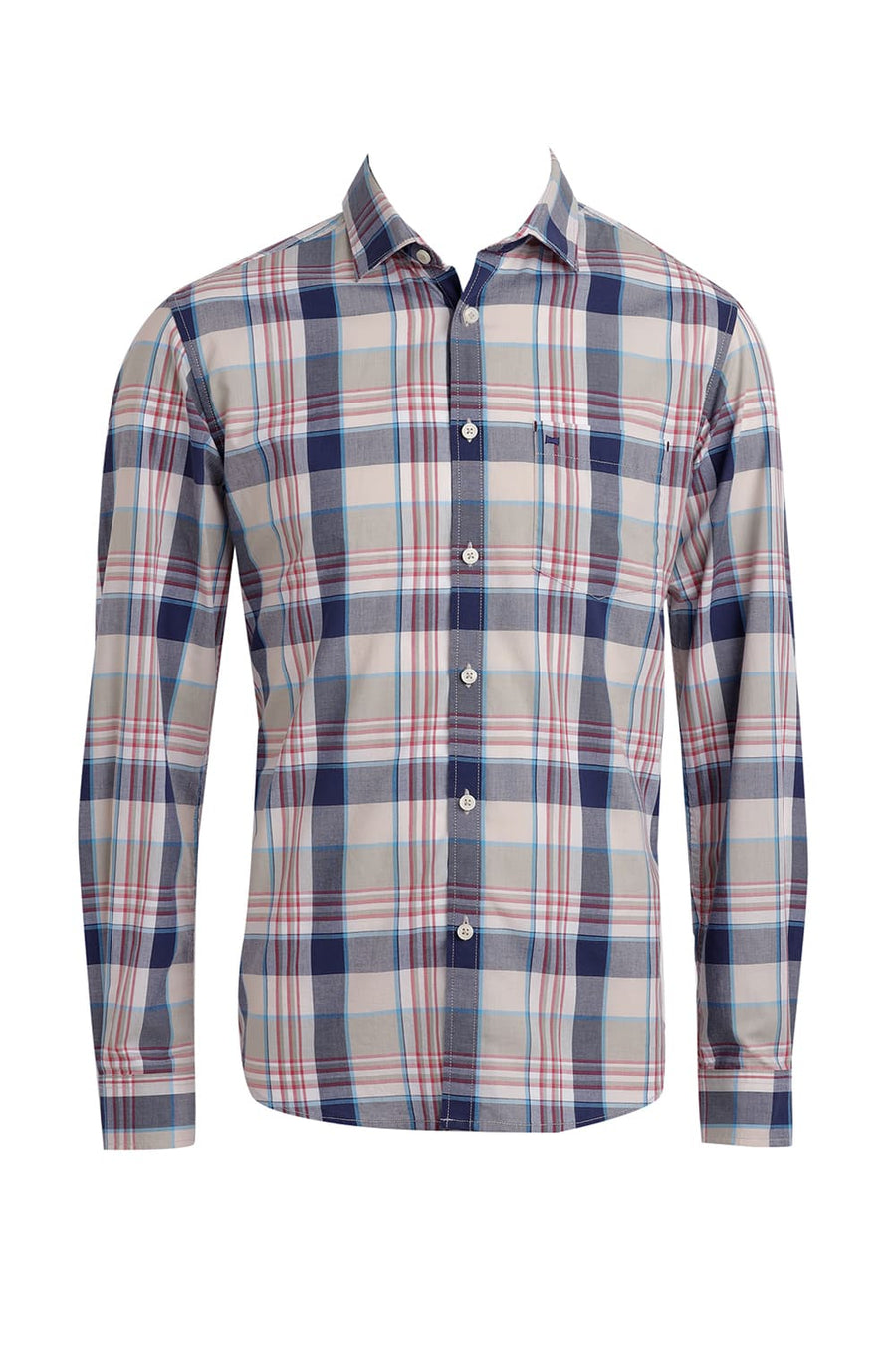 BASICS SLIM FIT AGATE ECRU COTTON CHECKS SHIRT
