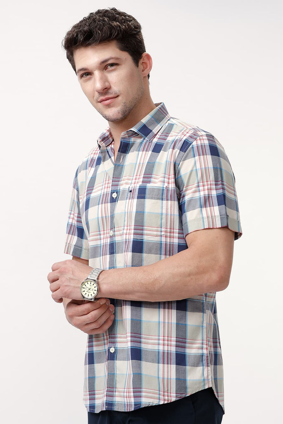 BASICS SLIM FIT AGATE ECRU COTTON CHECKS HALFSLEEVES SHIRT