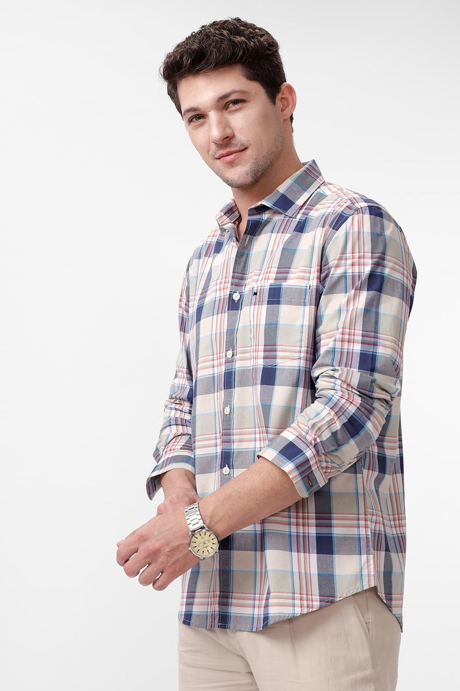 BASICS SLIM FIT AGATE ECRU COTTON CHECKS SHIRT