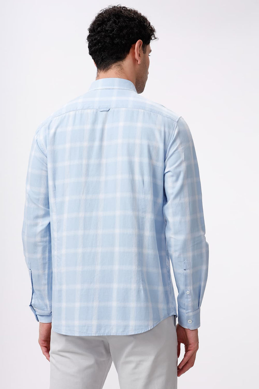 BASICS SLIM FIT CHAMBRAY BLUE COTTON TWILL CHECKS SHIRT
