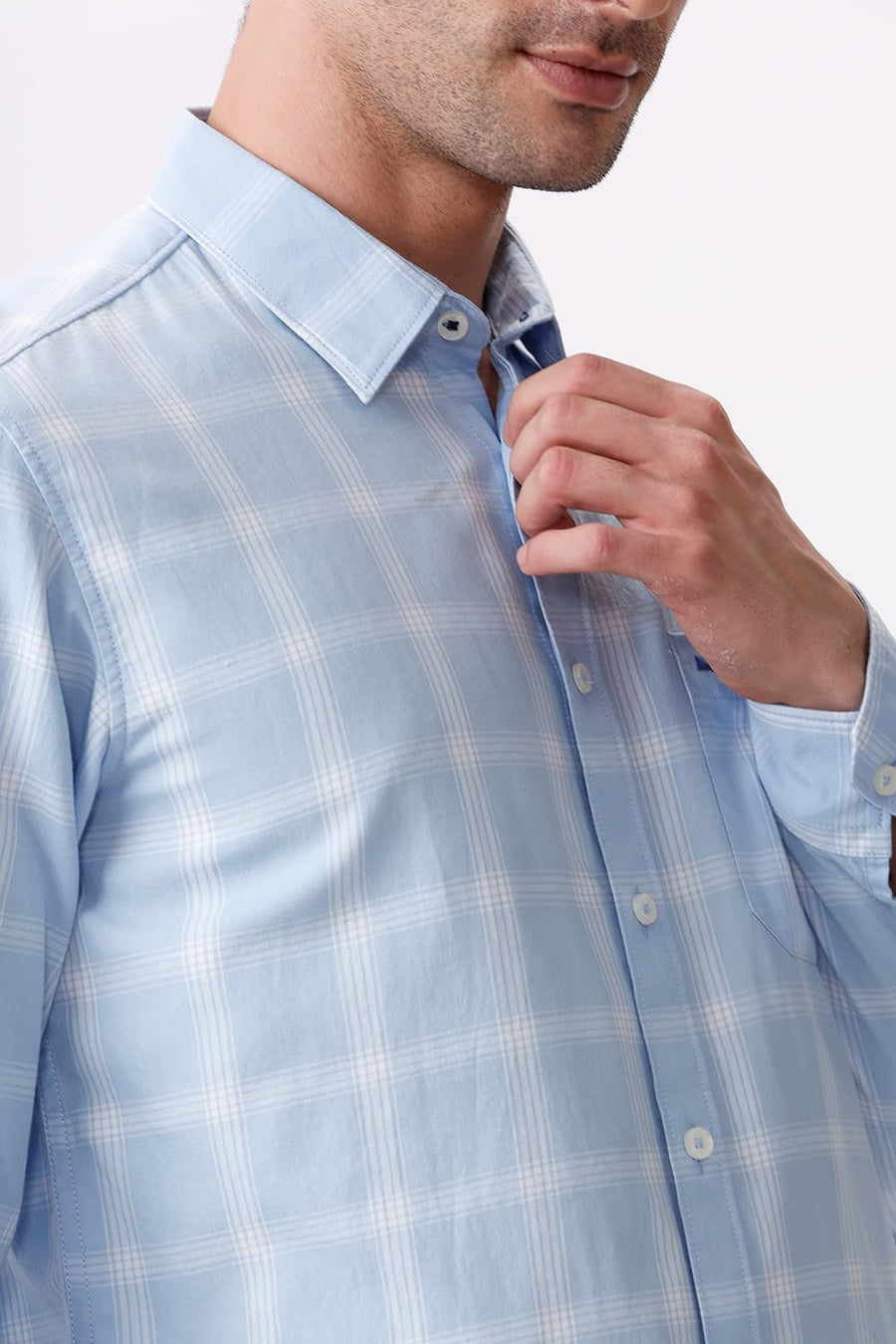 BASICS SLIM FIT CHAMBRAY BLUE COTTON TWILL CHECKS SHIRT