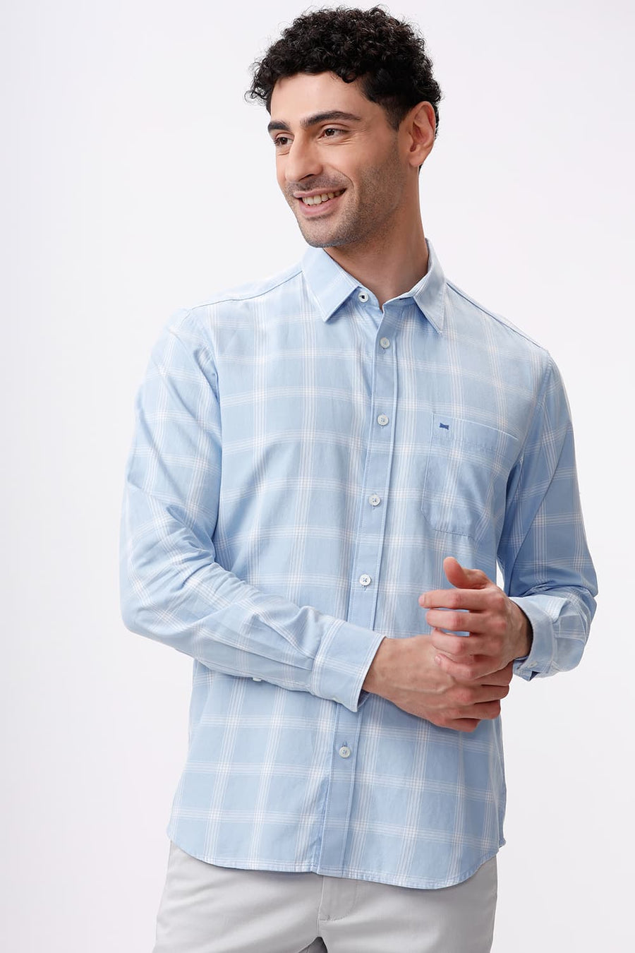 BASICS SLIM FIT CHAMBRAY BLUE COTTON TWILL CHECKS SHIRT