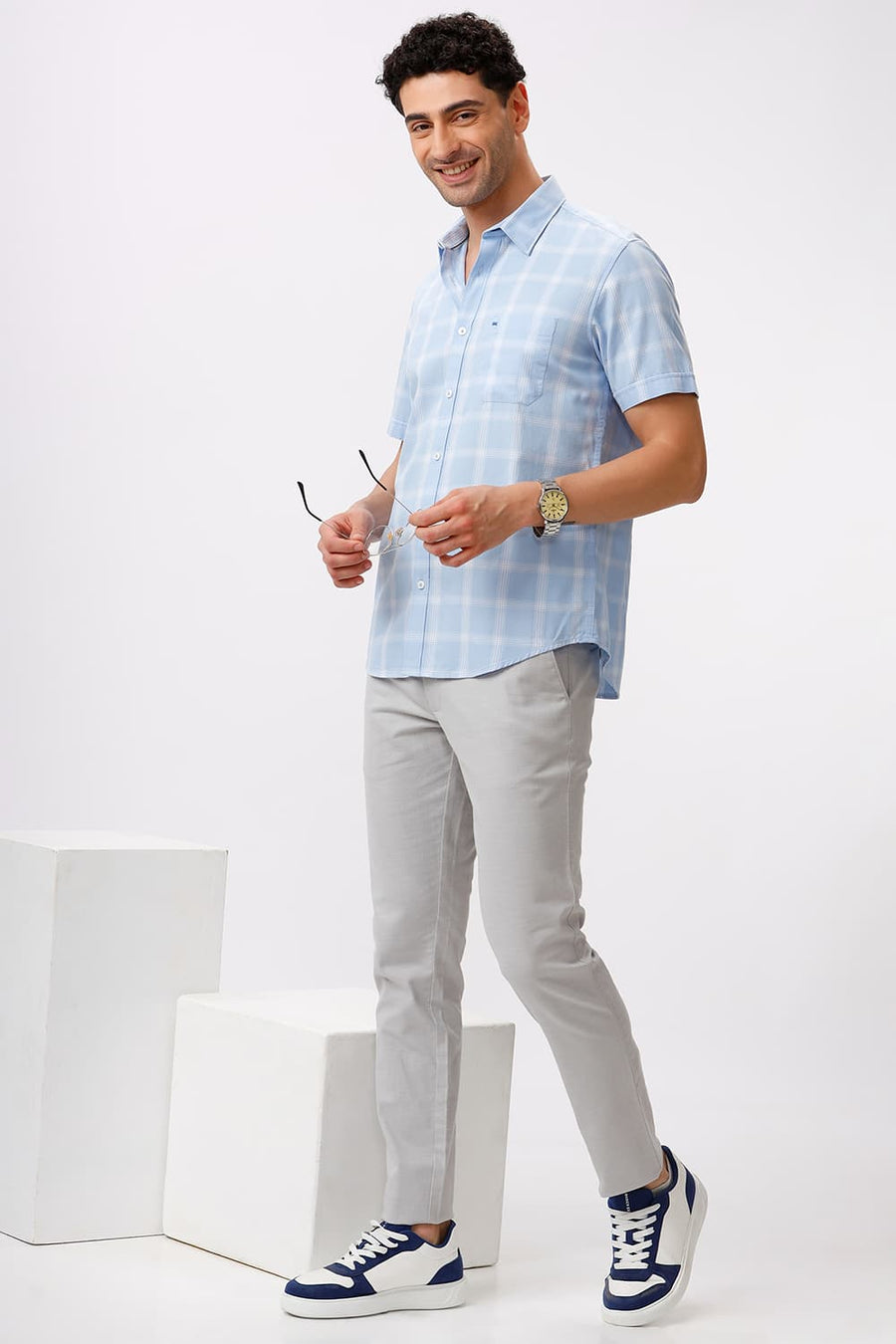BASICS SLIM FIT CHAMBRAY BLUE COTTON TWILL CHECKS HALFSLEEVES SHIRT