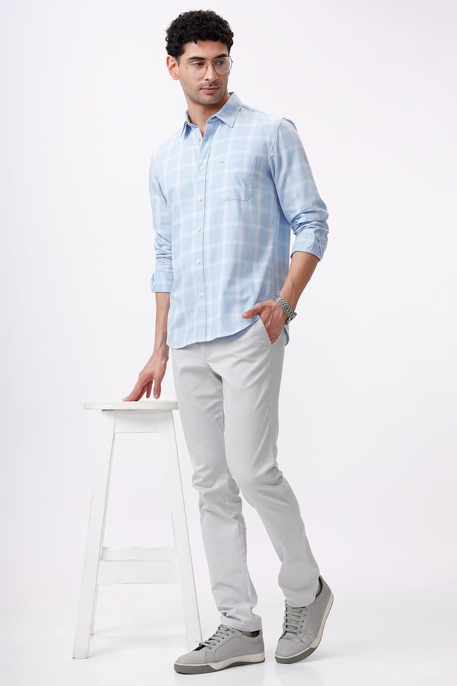 BASICS SLIM FIT CHAMBRAY BLUE COTTON TWILL CHECKS SHIRT