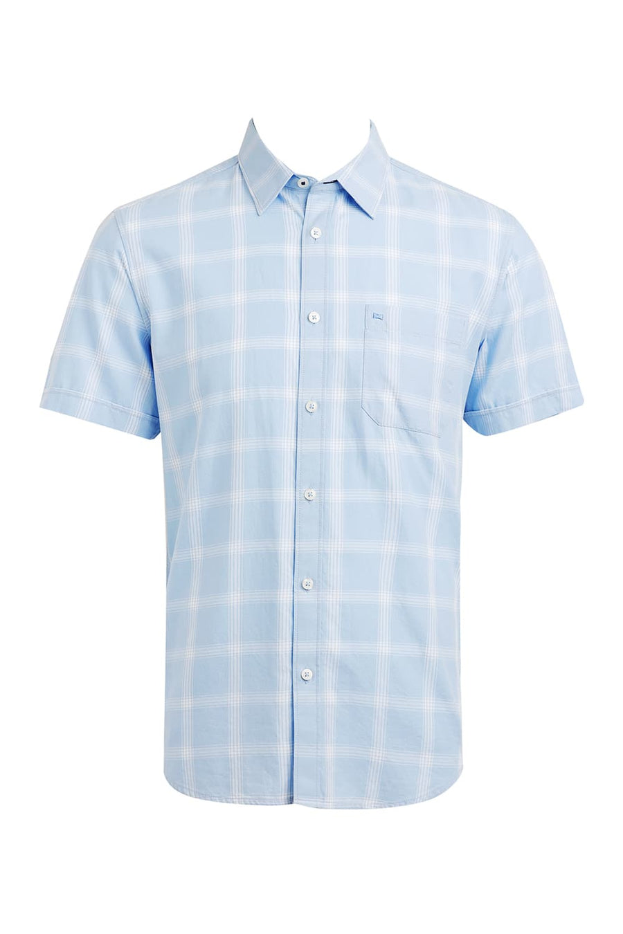 BASICS SLIM FIT CHAMBRAY BLUE COTTON TWILL CHECKS HALFSLEEVES SHIRT