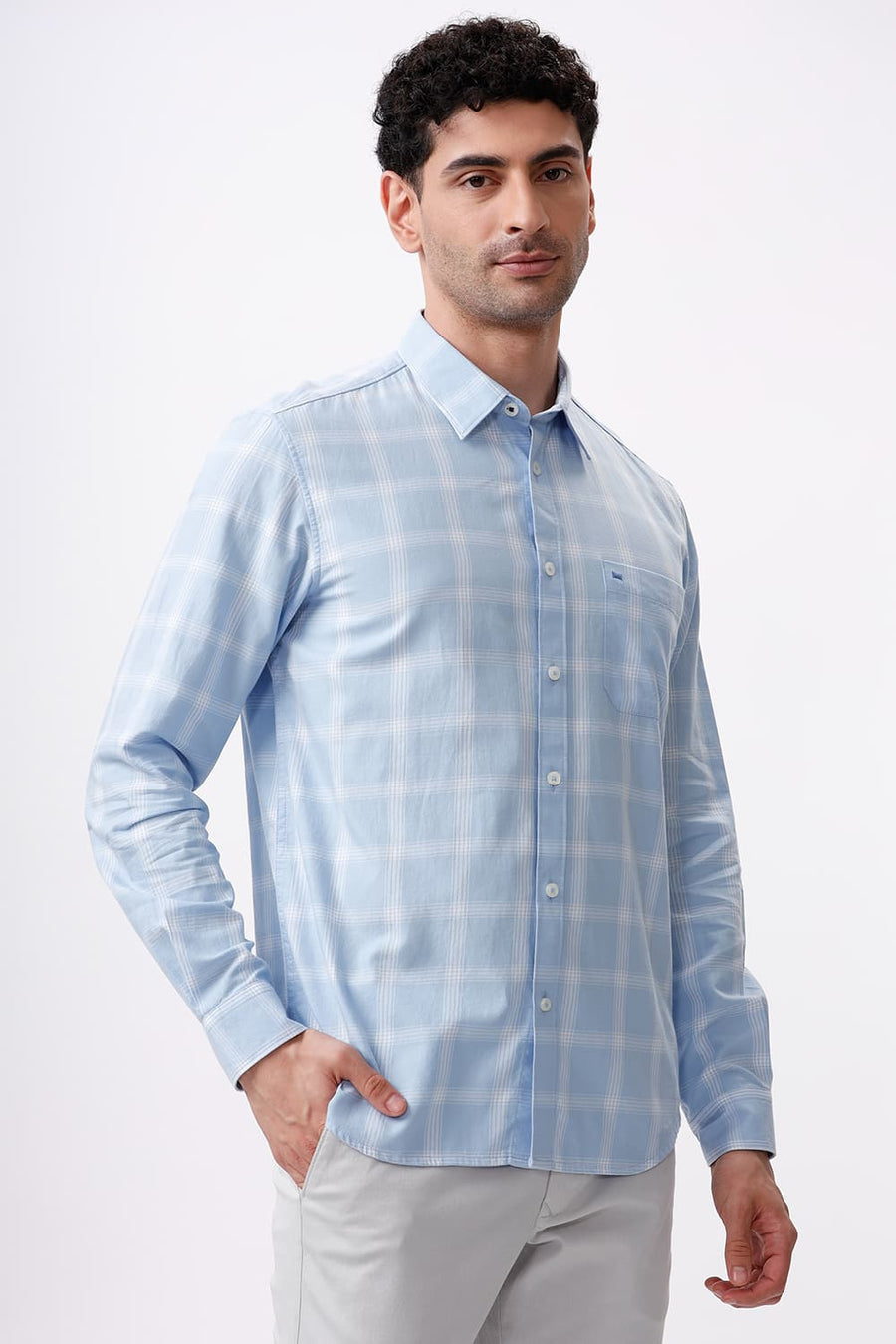 BASICS SLIM FIT CHAMBRAY BLUE COTTON TWILL CHECKS SHIRT