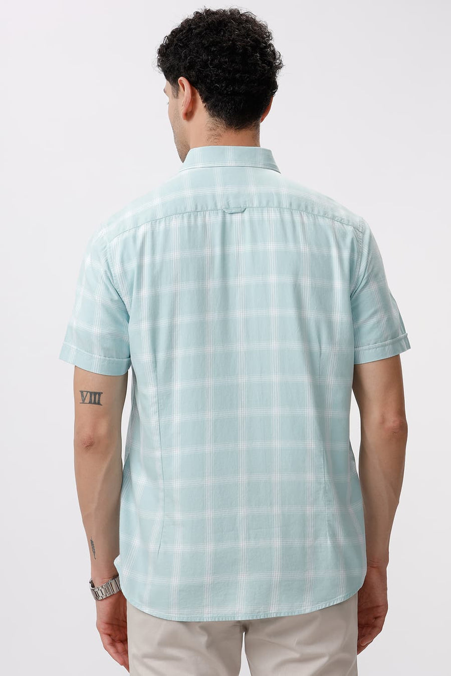 BASICS SLIM FIT EGGSHELL GREEN COTTON TWILL CHECKS HALFSLEEVES SHIRT