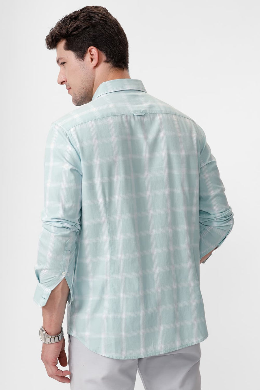 BASICS SLIM FIT EGGSHELL GREEN COTTON TWILL CHECKS SHIRT