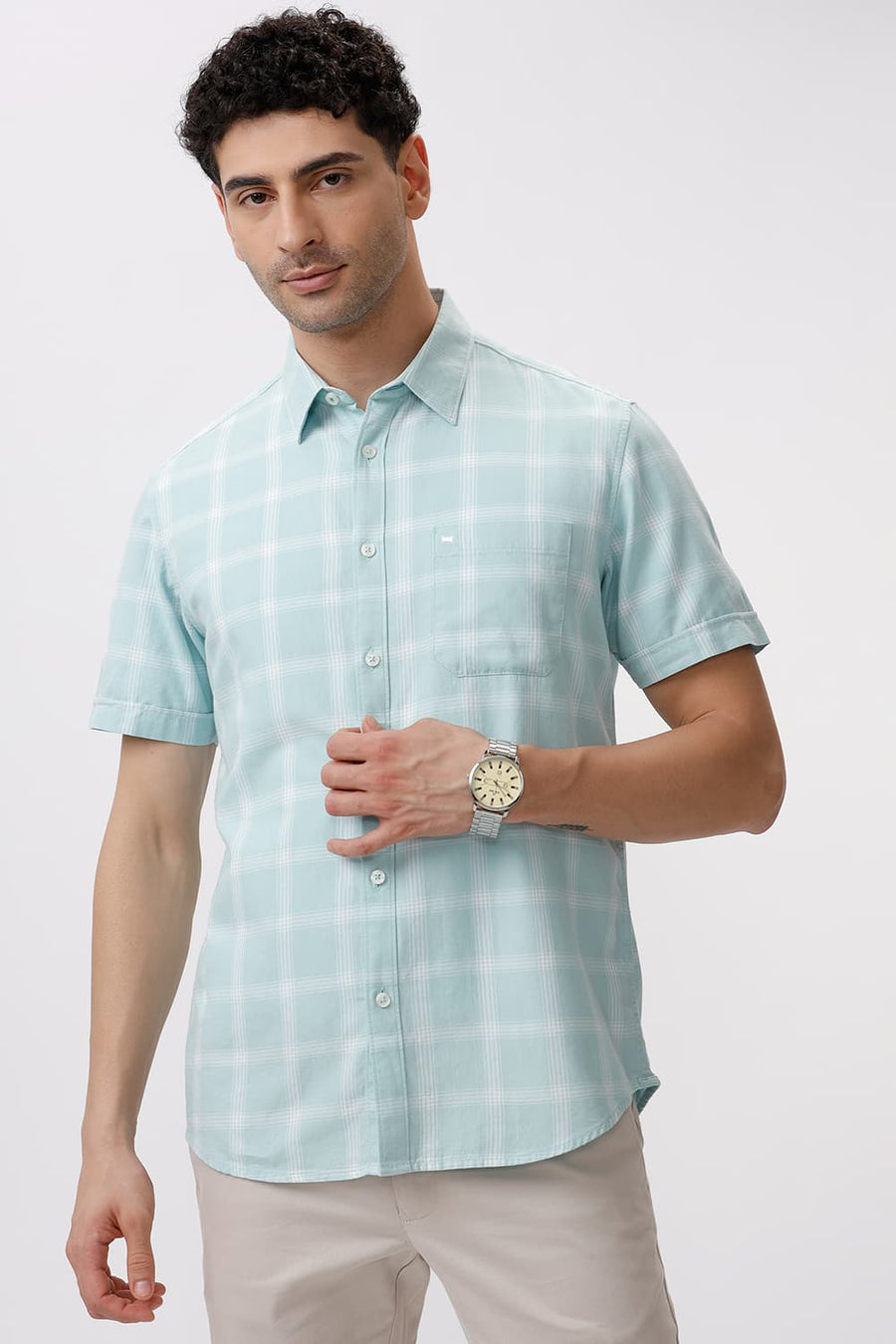 BASICS SLIM FIT EGGSHELL GREEN COTTON TWILL CHECKS HALFSLEEVES SHIRT
