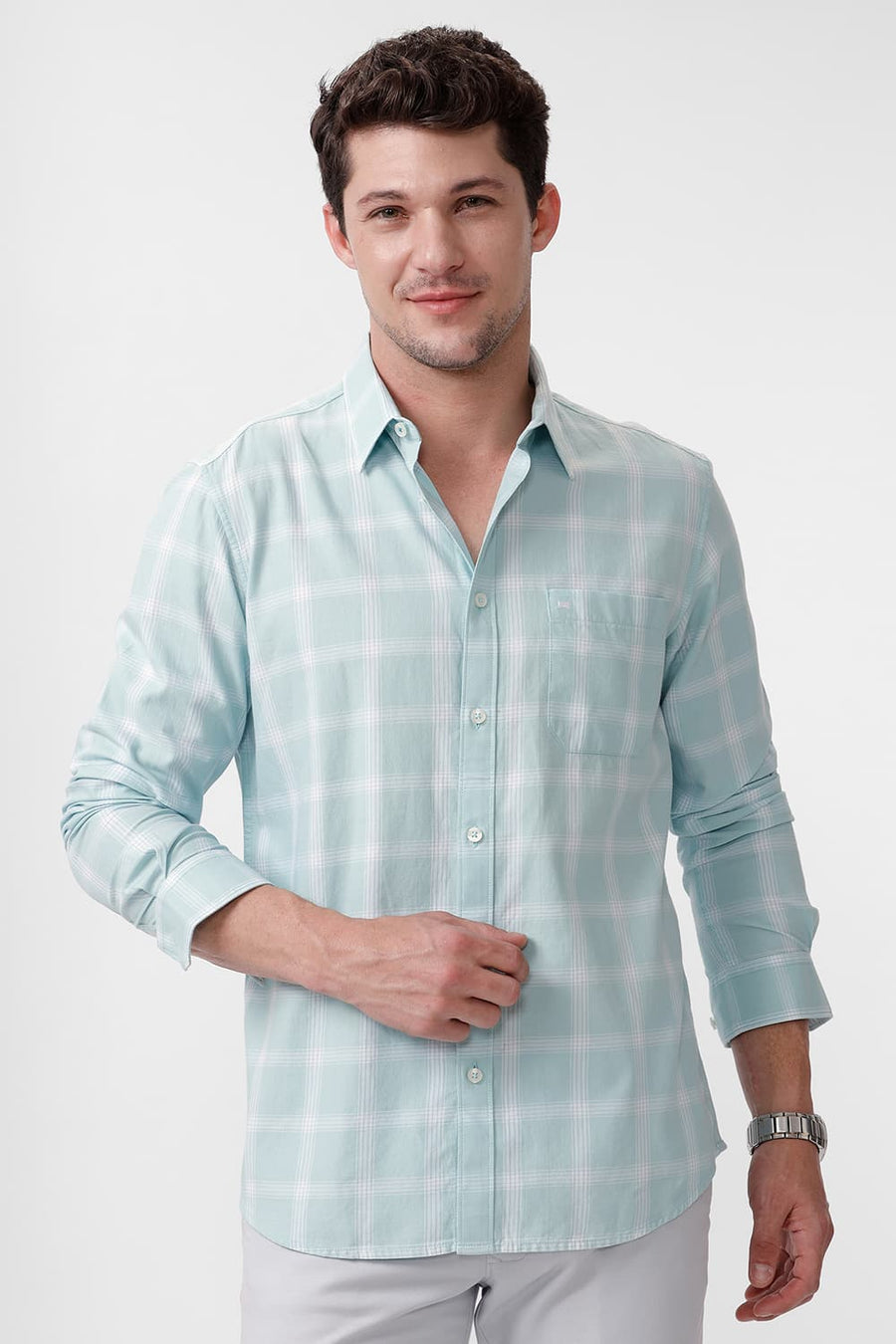 BASICS SLIM FIT EGGSHELL GREEN COTTON TWILL CHECKS SHIRT