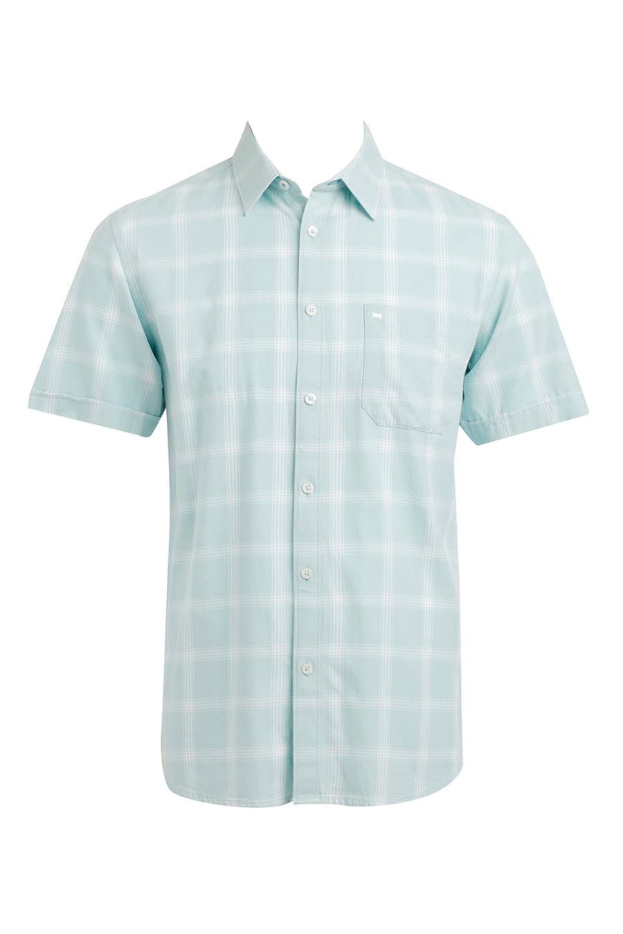 BASICS SLIM FIT EGGSHELL GREEN COTTON TWILL CHECKS HALFSLEEVES SHIRT