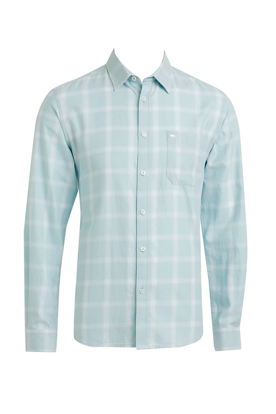 BASICS SLIM FIT EGGSHELL GREEN COTTON TWILL CHECKS SHIRT