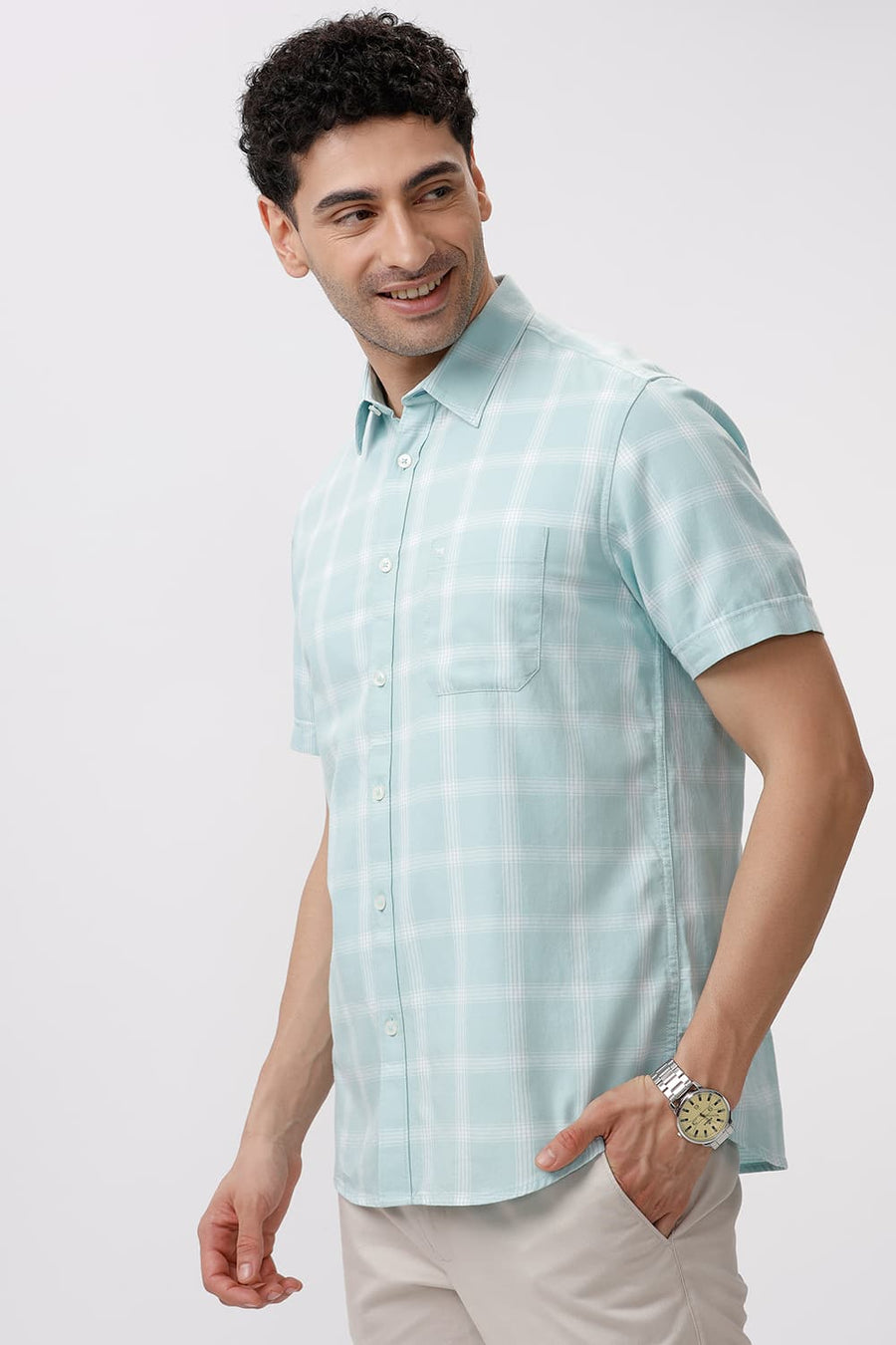 BASICS SLIM FIT EGGSHELL GREEN COTTON TWILL CHECKS HALFSLEEVES SHIRT