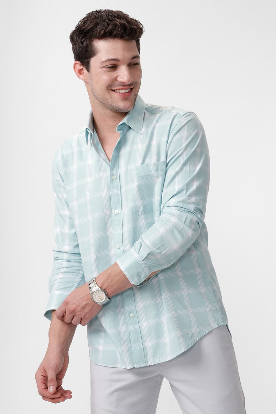 BASICS SLIM FIT EGGSHELL GREEN COTTON TWILL CHECKS SHIRT