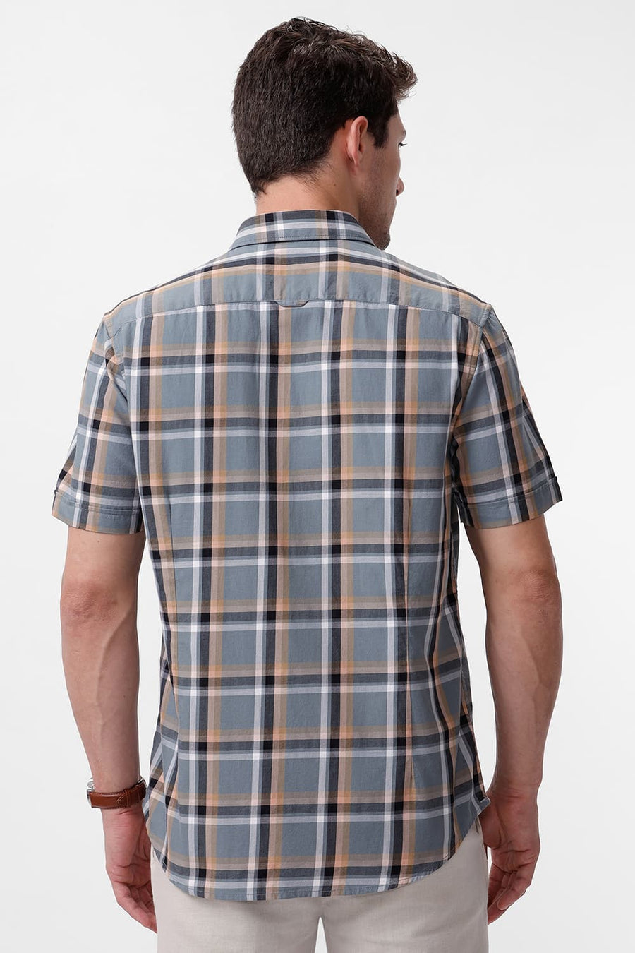 BASICS SLIM FIT GREY IRON COTTON TWILL CHECKS HALFSLEEVES SHIRT