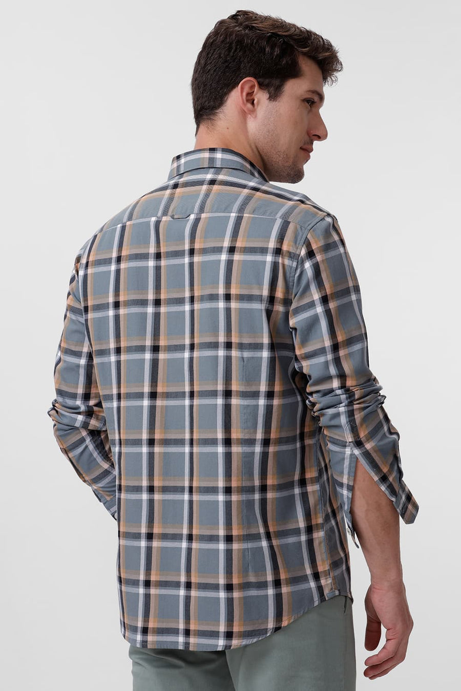 BASICS SLIM FIT GREY IRON COTTON TWILL CHECKS SHIRT