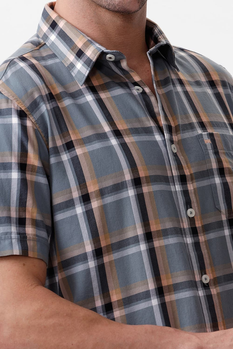 BASICS SLIM FIT GREY IRON COTTON TWILL CHECKS HALFSLEEVES SHIRT