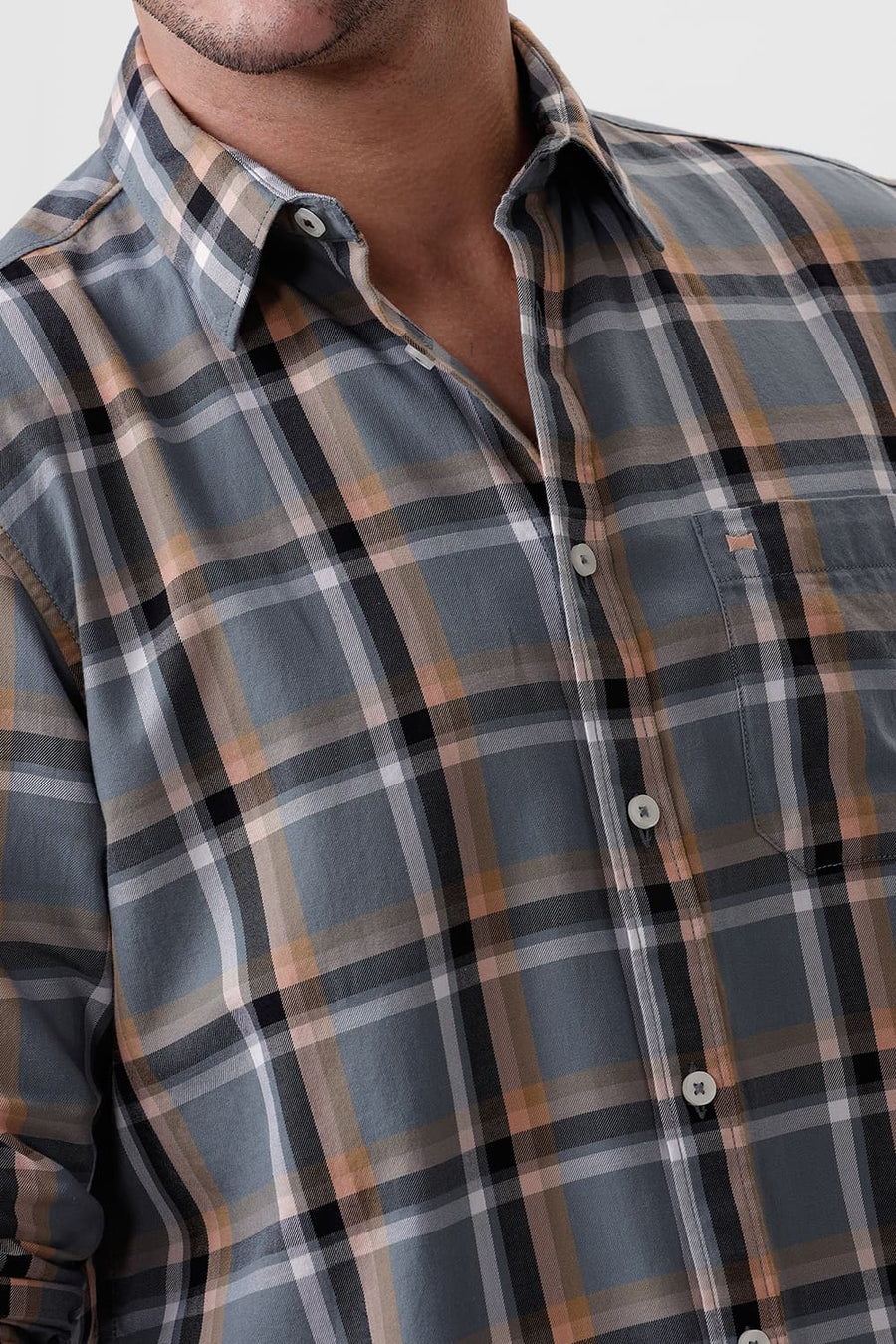 BASICS SLIM FIT GREY IRON COTTON TWILL CHECKS SHIRT