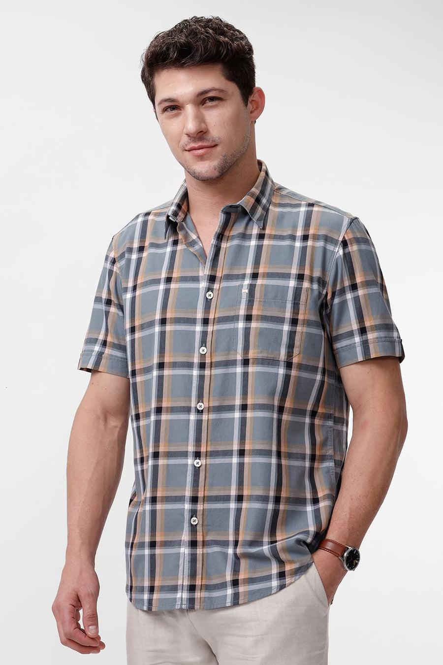 BASICS SLIM FIT GREY IRON COTTON TWILL CHECKS HALFSLEEVES SHIRT