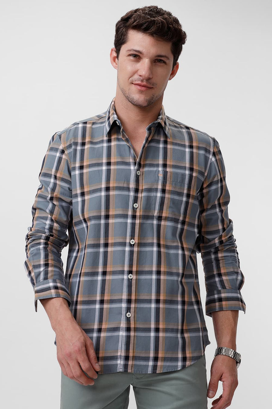 BASICS SLIM FIT GREY IRON COTTON TWILL CHECKS SHIRT