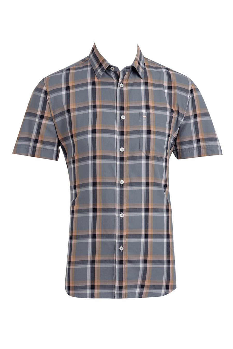 BASICS SLIM FIT GREY IRON COTTON TWILL CHECKS HALFSLEEVES SHIRT