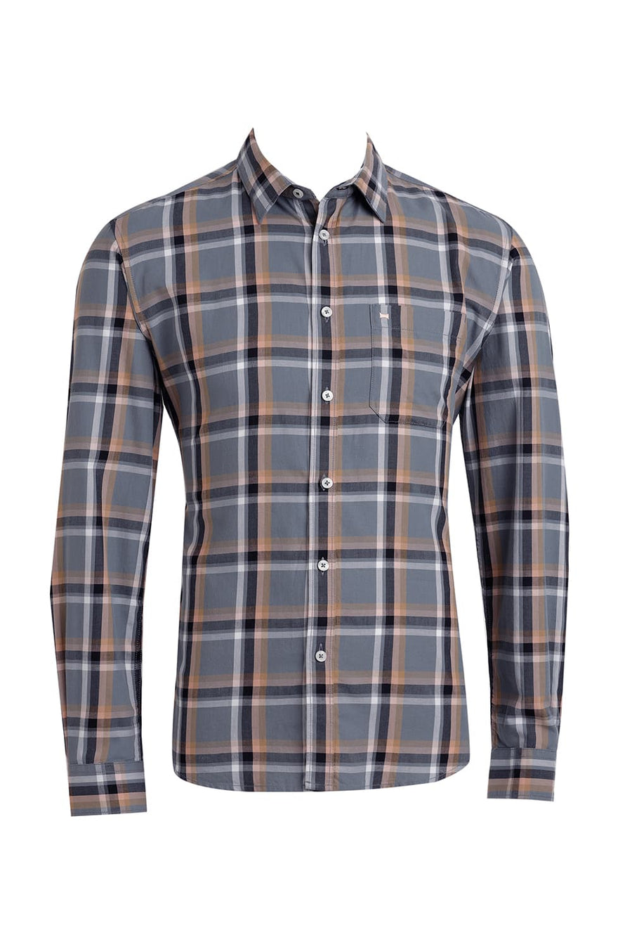 BASICS SLIM FIT GREY IRON COTTON TWILL CHECKS SHIRT
