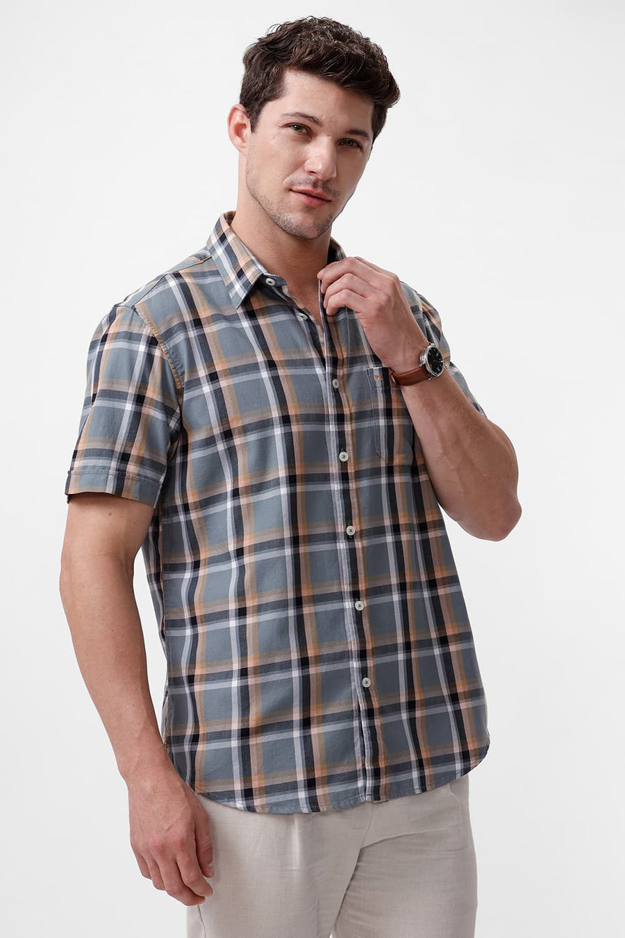 BASICS SLIM FIT GREY IRON COTTON TWILL CHECKS HALFSLEEVES SHIRT