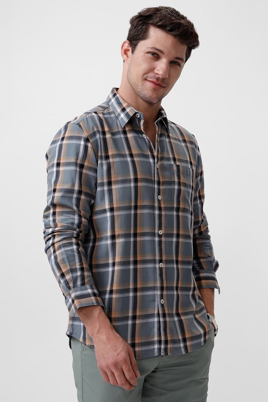 BASICS SLIM FIT GREY IRON COTTON TWILL CHECKS SHIRT