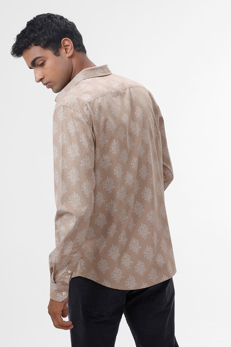 BASICS SLIM FIT AMPHORA BROWN COTTON POPLIN PRINTED SHIRT