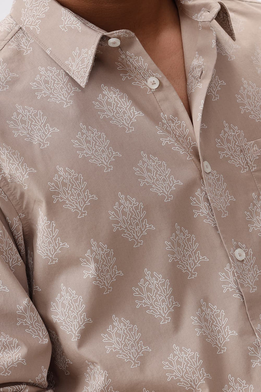 BASICS SLIM FIT AMPHORA BROWN COTTON POPLIN PRINTED SHIRT