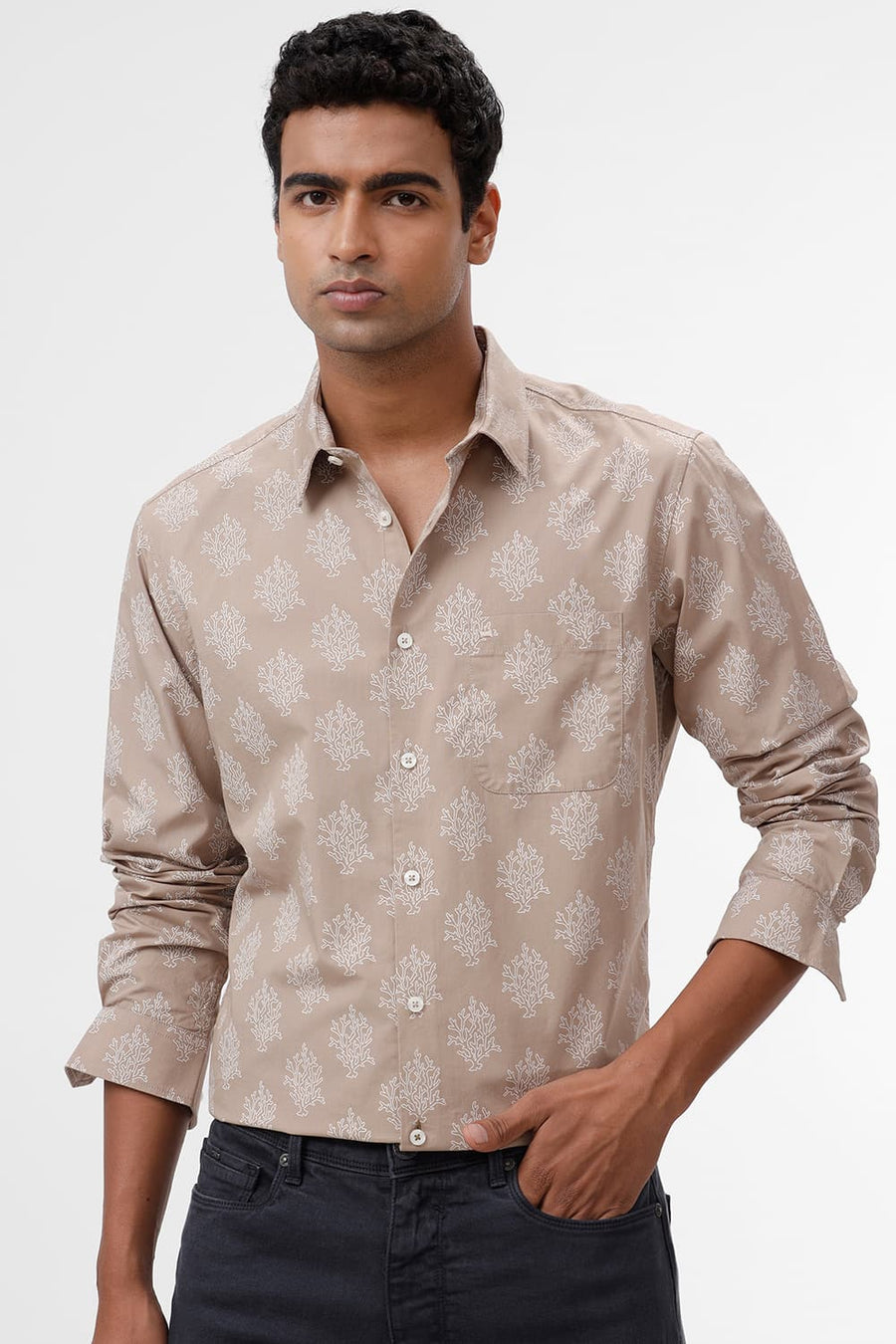 BASICS SLIM FIT AMPHORA BROWN COTTON POPLIN PRINTED SHIRT