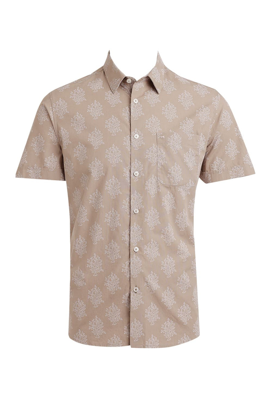 BASICS SLIM FIT AMPHORA BROWN COTTON POPLIN PRINTED HALFSLEEVES SHIRT