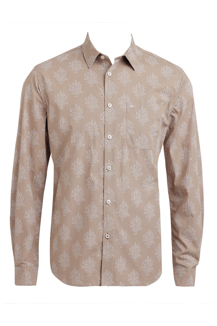 BASICS SLIM FIT AMPHORA BROWN COTTON POPLIN PRINTED SHIRT