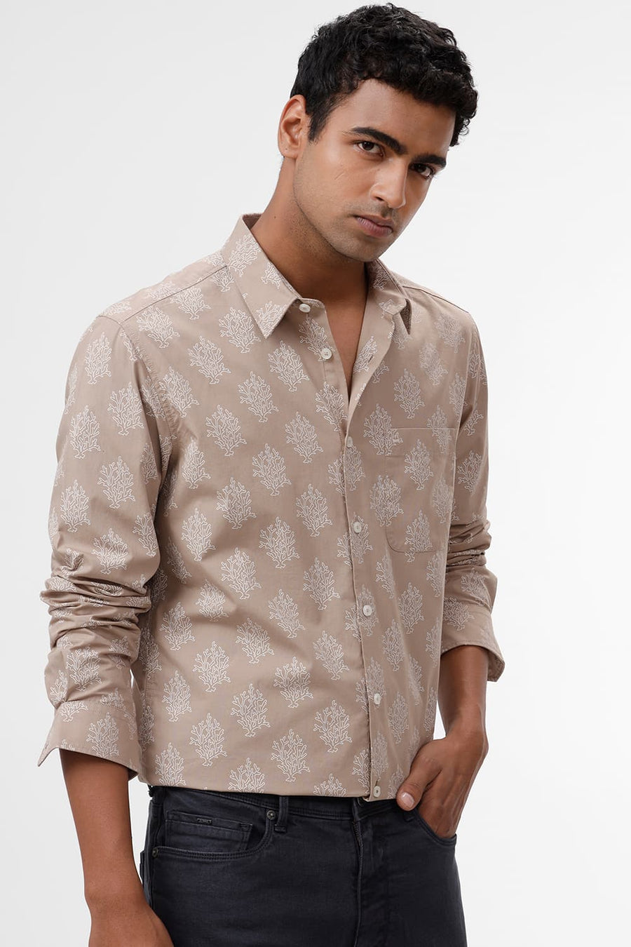 BASICS SLIM FIT AMPHORA BROWN COTTON POPLIN PRINTED SHIRT