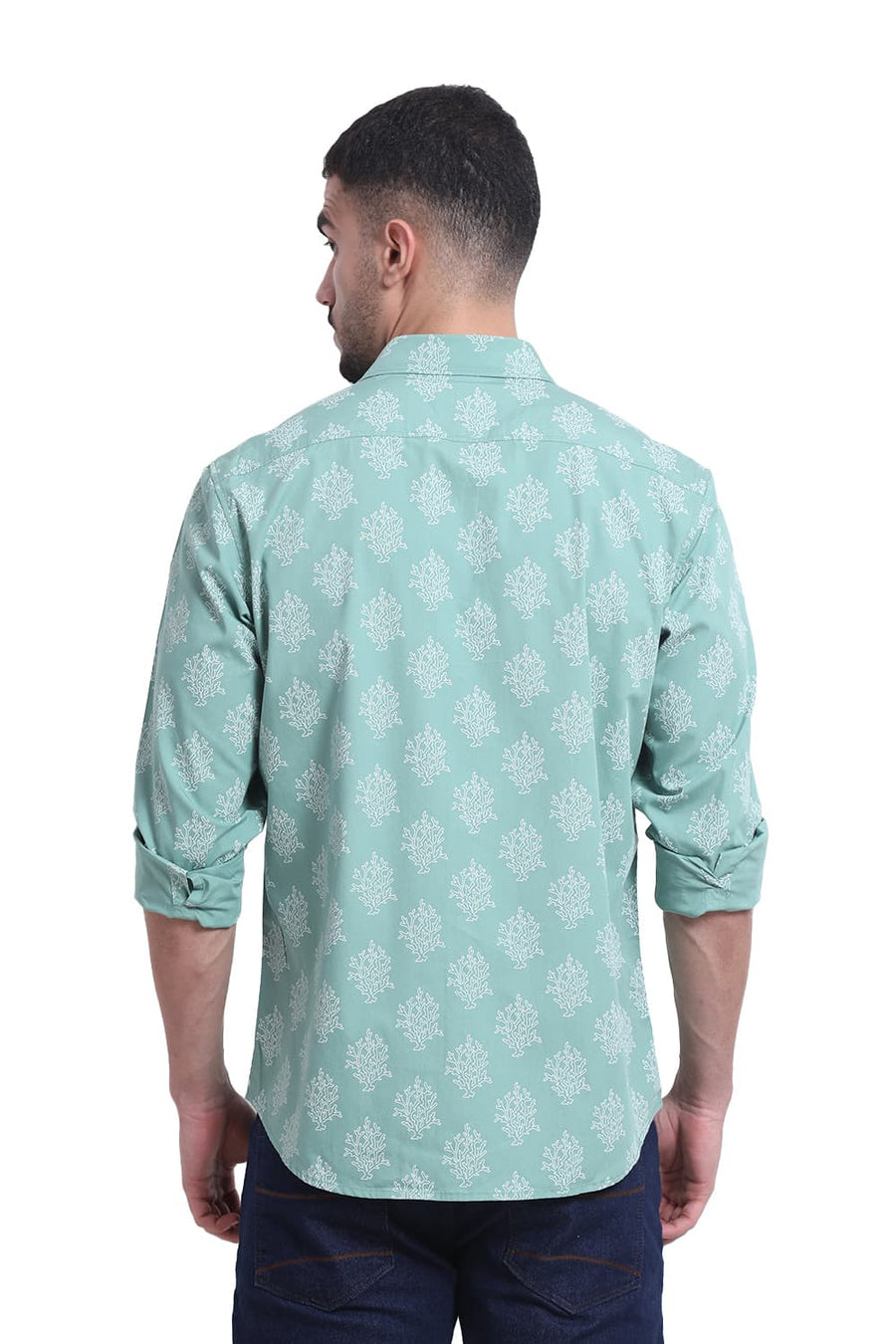 BASICS SLIM FIT GRASS GREEN COTTON POPLIN PRINTED SHIRT