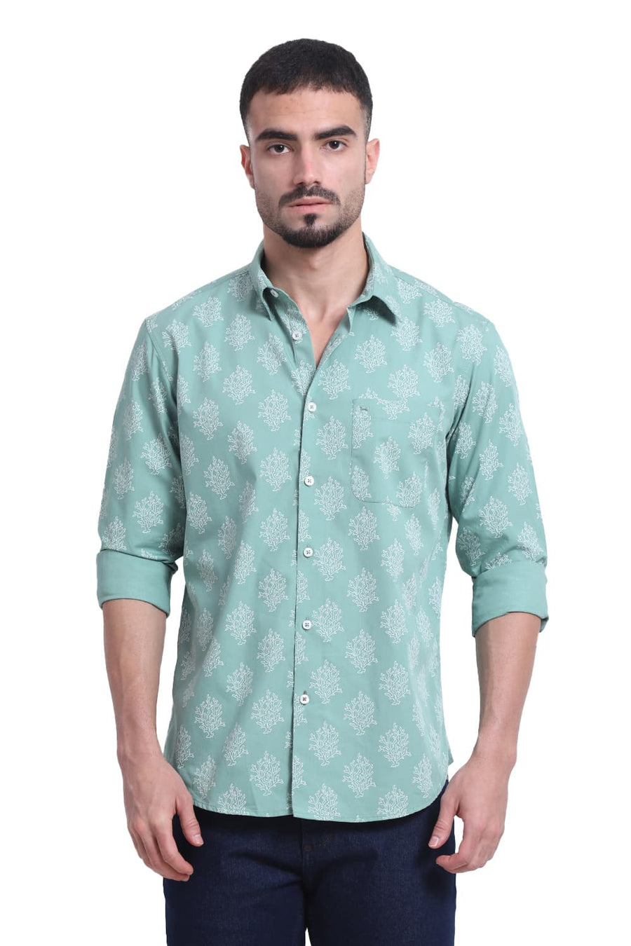 BASICS SLIM FIT GRASS GREEN COTTON POPLIN PRINTED SHIRT