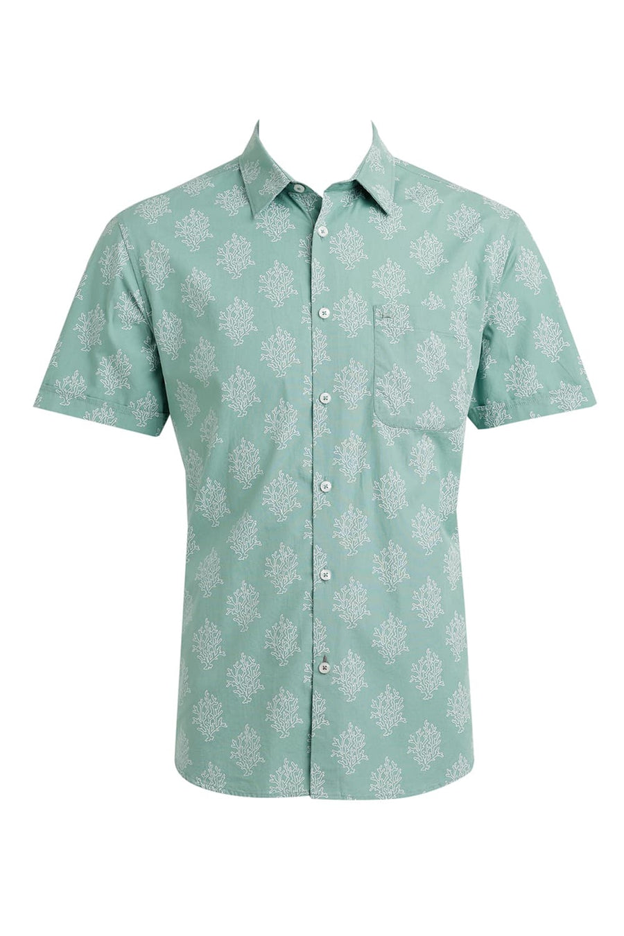 BASICS SLIM FIT GRASS GREEN COTTON POPLIN PRINTED HALFSLEEVES SHIRT