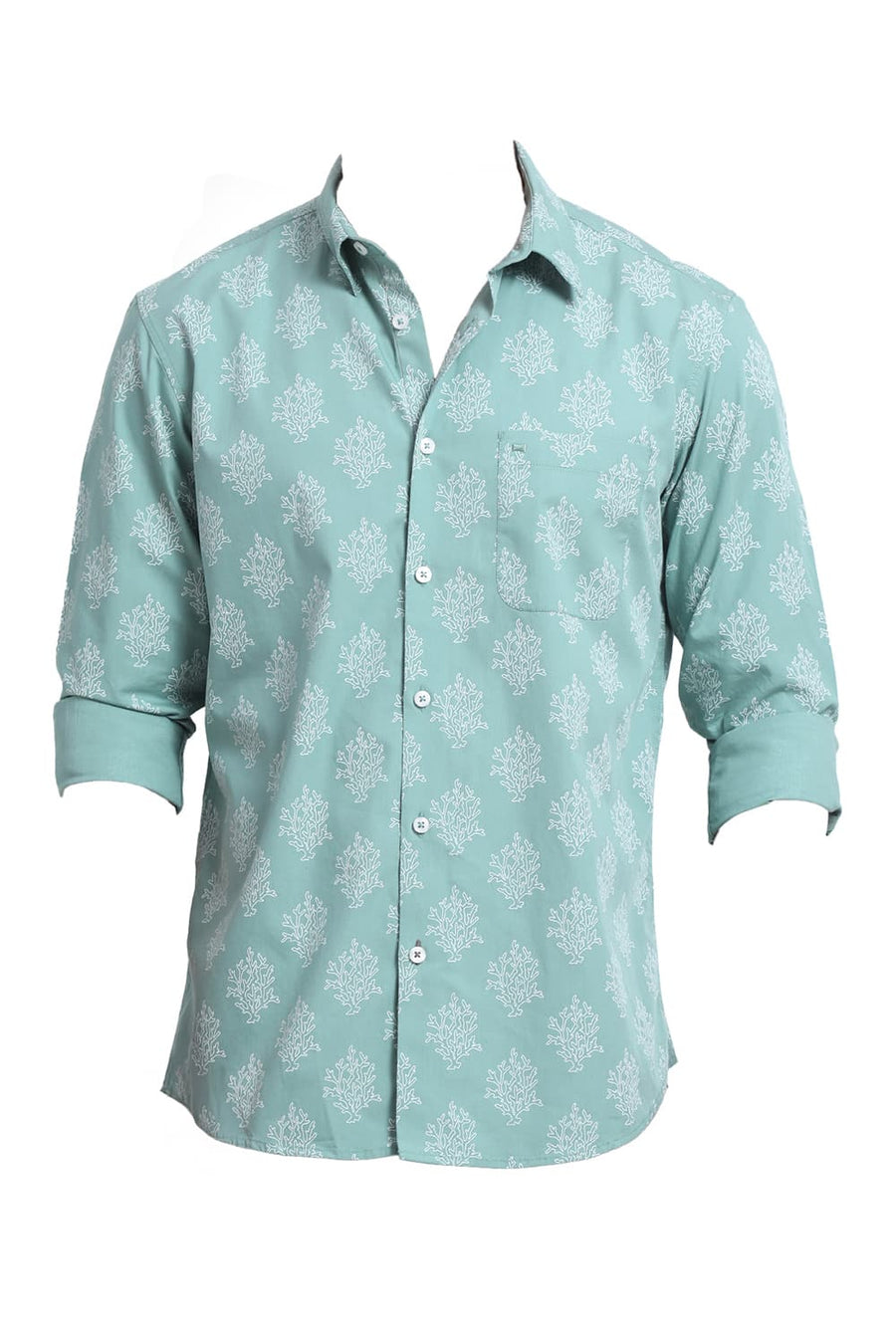BASICS SLIM FIT GRASS GREEN COTTON POPLIN PRINTED SHIRT